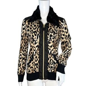 Chicos Sweater Women Small 0 Animal Print Sweater Jacket Faux Fur Collar Leopard